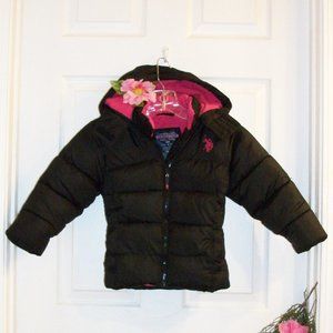 US POLO ASSN Girl's Sz 4 Hooded Puffer Jacket Black Pink Fleece Lining